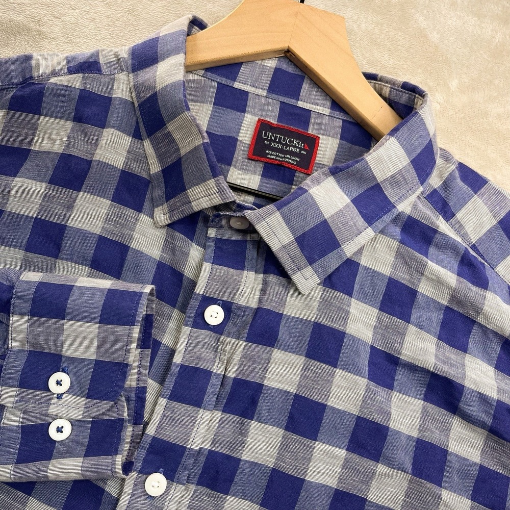 Untuckit Shirt 3XL Anderson Cotton Linen Blend Checked‎ Button Down